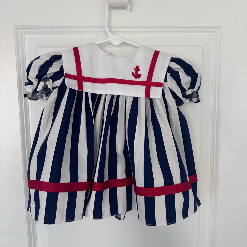 Baby Girl Vintage Gavette Striped Nautical Sailor Dress, 18mos